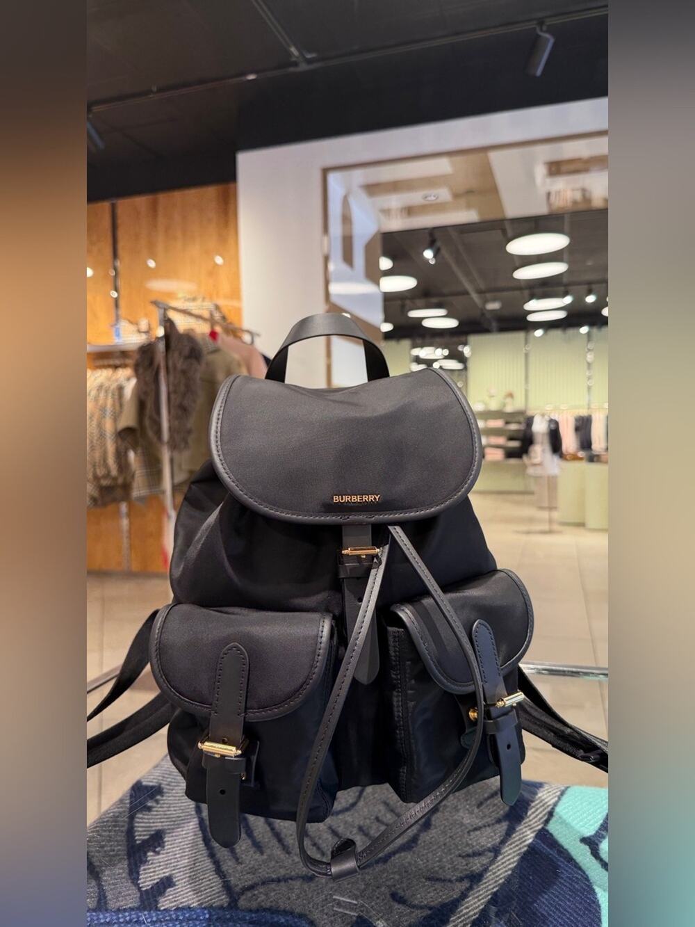 Burberry Black Nylon Leather Backpack Medium Check Print